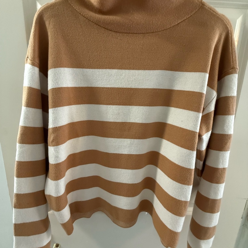 MAEVE - ANTHROPOLOGIE -Striped Tan and White Women's Sweater mock neck